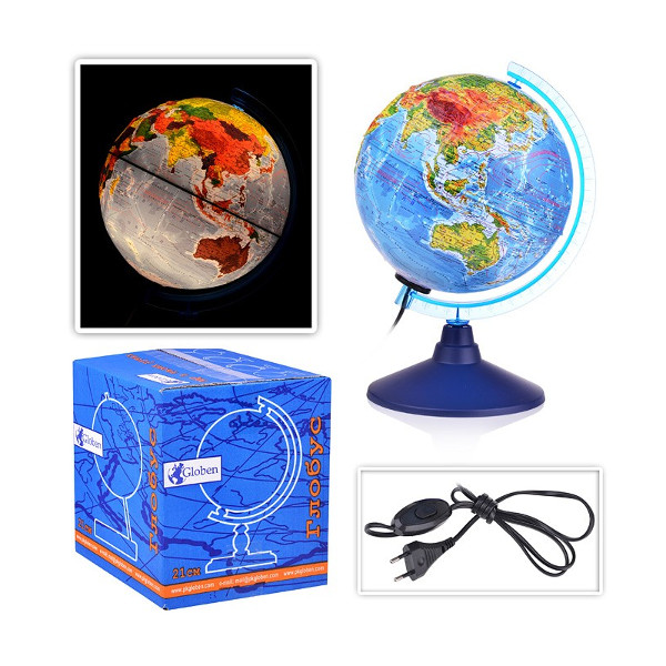Глобус Globen Классик Евро D=21см с физико-политич. картой Земли, рельеф.пов, с подсвет. Ке02210018