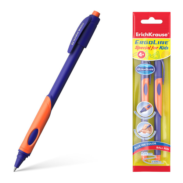 Ручка шар Erich Krause "ErgoLine® Kids Stick&Grip Neo" синий, корпус ассорти 0,7мм (1уп*2шт) 58525