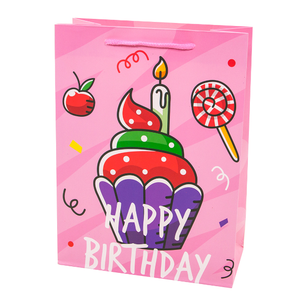 Пакет бумажный "С Днем Рождения! (яркий капкейк)" 23*18*9см, розовый 202267 Дон Баллон