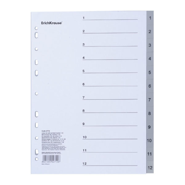 Разделитель А4 цифровой (1-12), индексы, серый, пластик 55899 Erich Krause