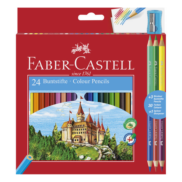Карандаши Faber-Castell "Замок" 24цв, 6-гран., + 3шт. 2-х цветные + точилка в карт.уп. 110324
