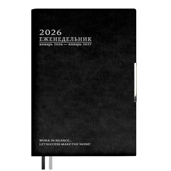 Еженедельник А6+ 2026 Escalada "Шеврет глосс" интегр.обл., иск.кожа, сшивка, черный 70341