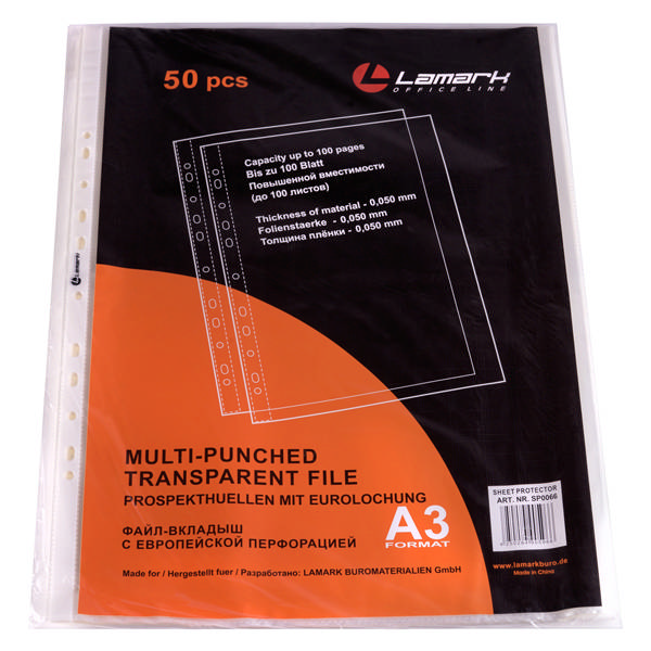 Файл (мультифора) А3 50мкм, прозрачный, матовый "Яичная скорлупа" SP0066 (уп 50шт) Lamark упаковка