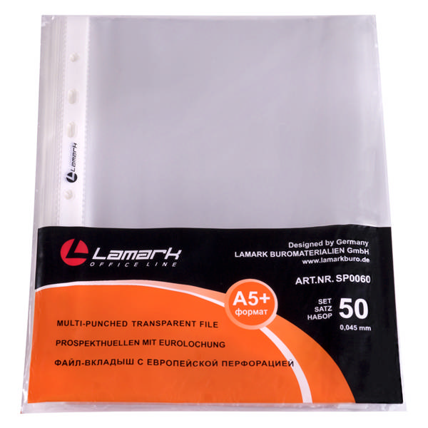 Файл (мультифора) А5+ 45мкм, прозрачный, матовый "Яичная скорлупа" SP0060 (уп 50шт) Lamark упаковка