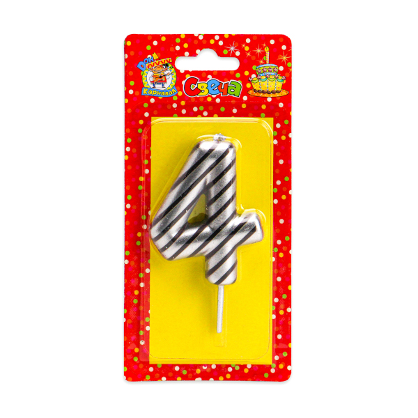 Свеча для торта в полоску "Цифра 4" серебряная, С-2523 Миленд