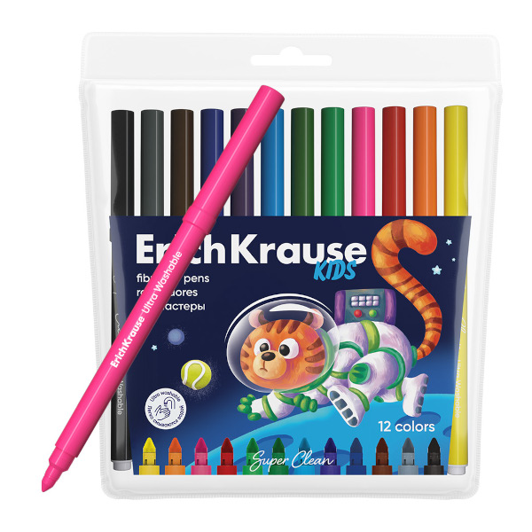Фломастеры Erich Krause "Kids Space Animals" 12цв, смываемые, пластик.уп., с европ. 61825