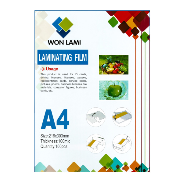 Плёнка для ламинирования 100мкм А4 (216*303мм), глянц. 7681 Won Lami (1уп*100шт)