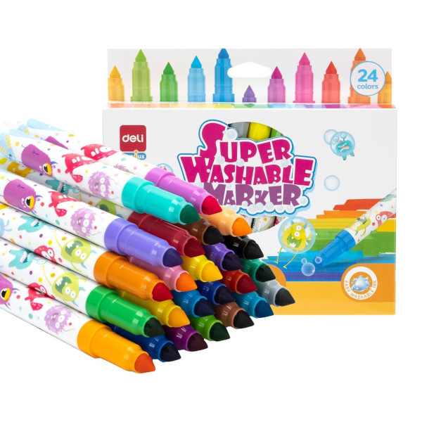 Фломастеры Deli "Super Washable Marker" 24цв, смываемые, карт.уп. EC155-24