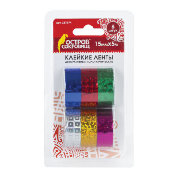 Клейкие ленты для декора "ГОЛОГРАФИЧЕСКИЕ" 15мм*5м, 6цв., полимерная плёнка 227274 ОСТРОВ СОКРОВИЩ