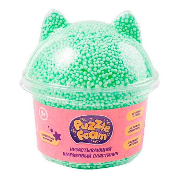 Пластилин шариковый Puzzle Foam "Котик" зеленый, пластик.банка FM049