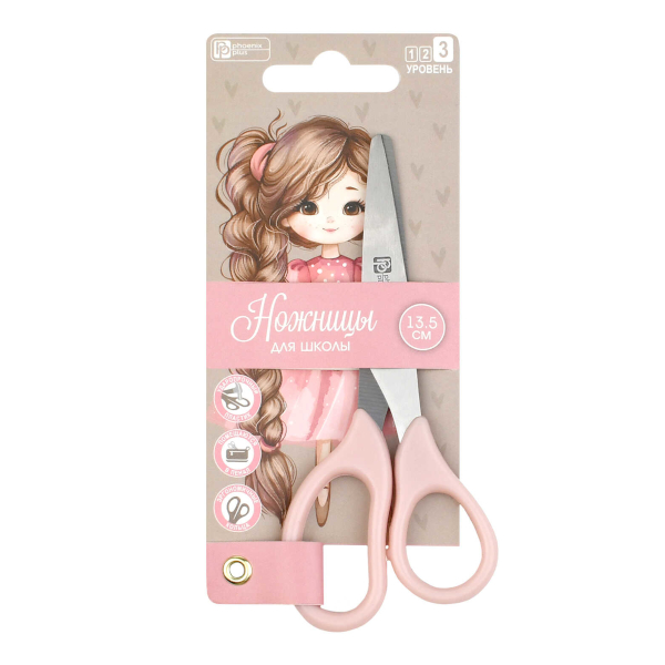 Ножницы 13,5см Феникс+ "Девочка с косой" асимметр., пластик, розовый 72861