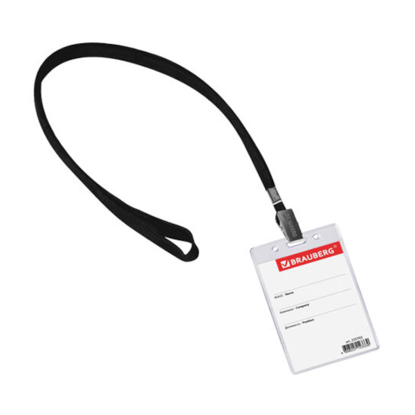 Бейдж 65*107мм вертикал., зажим/шнурок черный, пластик, прозрач. 235702 Brauberg (1шт)