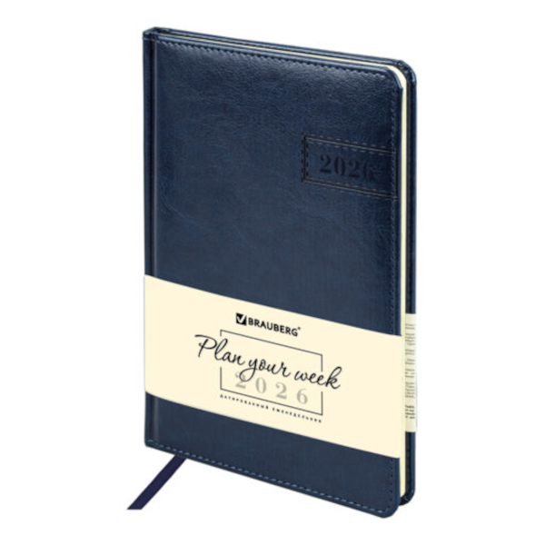 Еженедельник А5 2026 Brauberg "Imperial" тв.обл., иск.кожа, сшивка, синий 117174