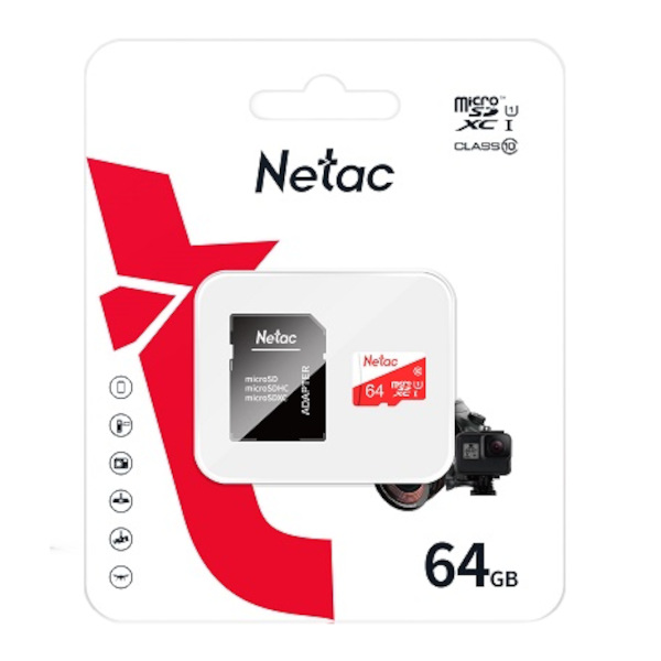 Карта памяти microSDHC Netac 64GB (class 10) с адаптером NT02P500ECO-064G-R