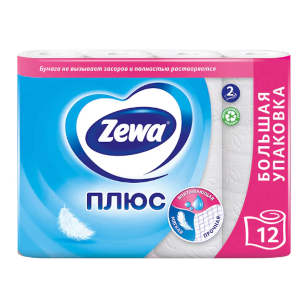 Бумага туалетная 2-слойная ZEWA "Плюс" 9,5см*23м, втулка, белая (1уп*12рул.) 144090