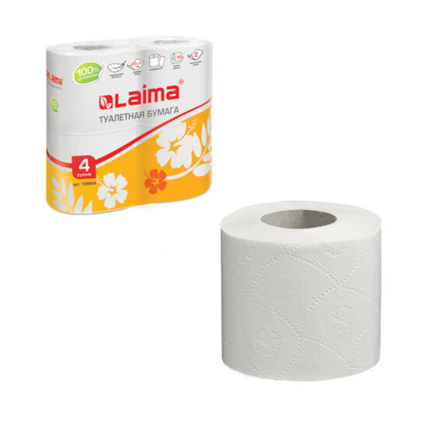 Бумага туалетная 2-слойная "ЛАЙМА" спайка 4 шт., белая (9,5см*19м) 126904