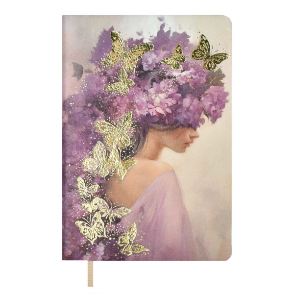 Записная книга А6 96л "Девушка и бабочки" линейка, сшивка, интегр.обл., иск.кожа, рис 67317 Escalada