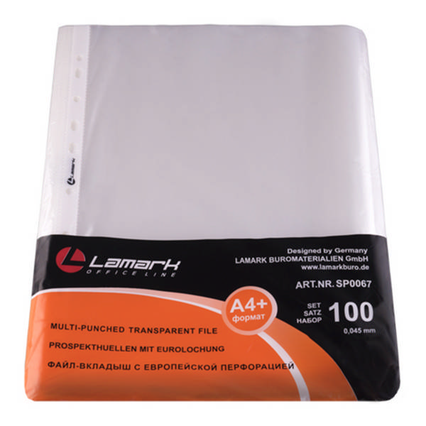 Файл (мультифора) А4+ 45мкм, прозрачный, матовый SP0067 (уп 100шт) Lamark упаковка