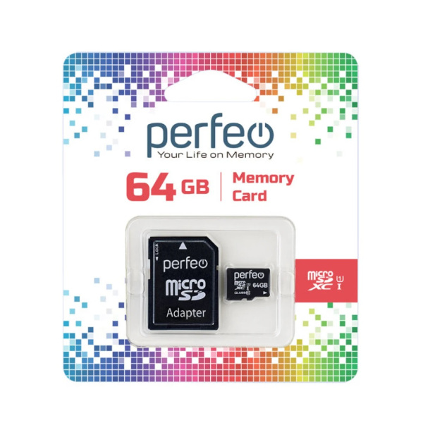 Карта памяти micro SD 64Gb Perfeo Class 10  с адаптером PF64GMCSX10U1A