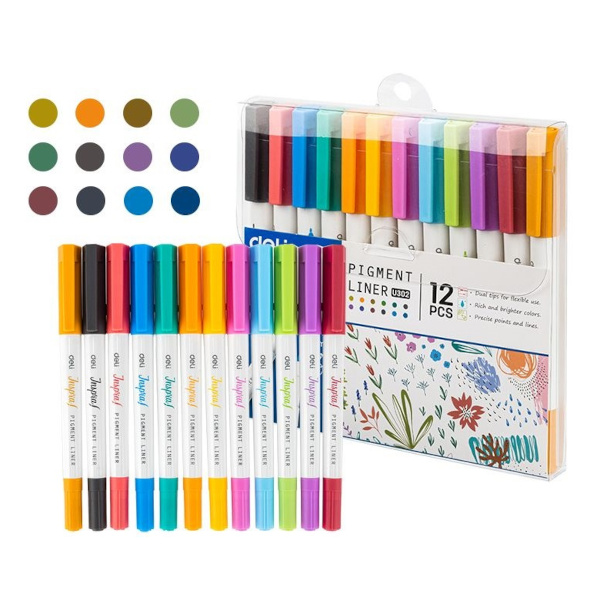 Набор капиллярных ручек двустор. Deli "Inspira" 12цв., круглая, пласт.корп., 0,5/1мм EU302