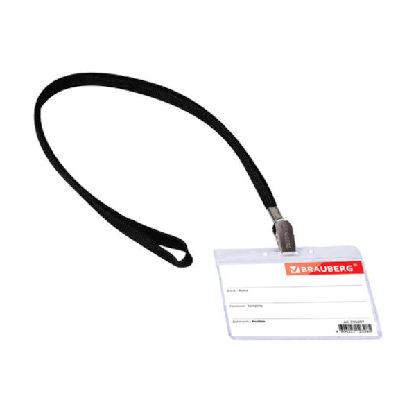 Бейдж 76*93мм горизонт., зажим/шнурок черный, пластик, прозрач. 235697 Brauberg (1шт)