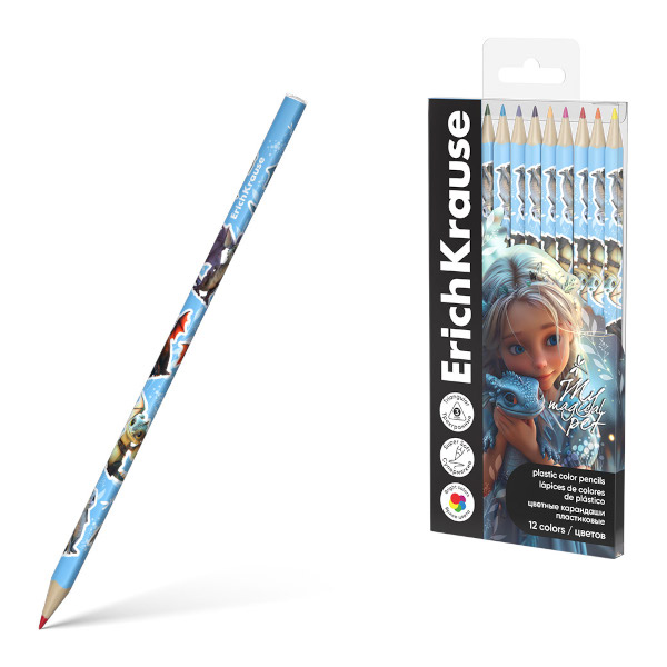 Карандаши 12цв, пластик, 3-гран. "Magic Pet" ПЭТ-бокс 62933 Erich Krause