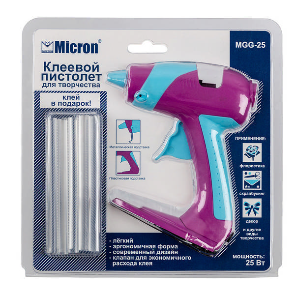 Клеевой пистолет  25Вт 7мм Micron в блистере, 10 клеевых стрежней MGG-25