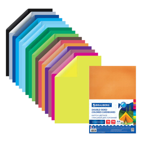 Картон цветной мелованный двустор. А4 16л/16цв 115166 Brauberg