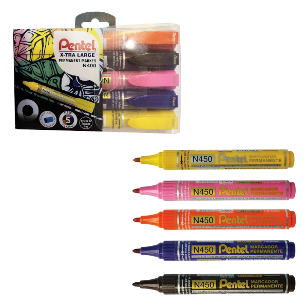Набор маркеров перм 2мм, пулевид, ассорти 5шт, плас.корп "X-TRA Large" N450-5M Pentel
