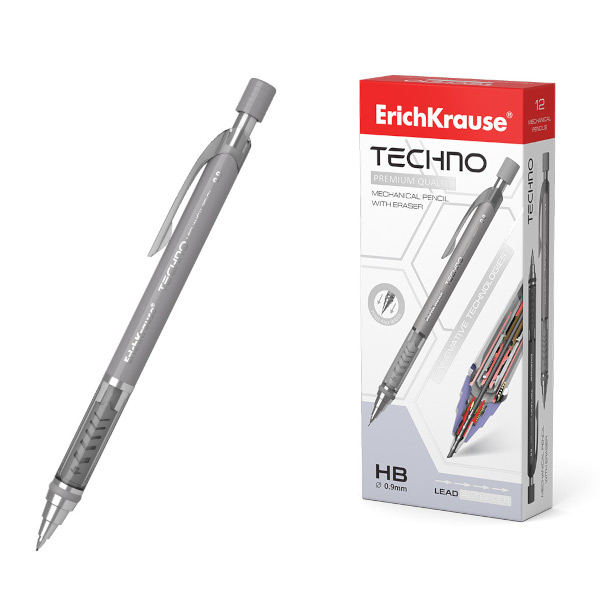 Карандаш механический 0,9мм HB, пластик. корп., серый, ластик "Techno" 56014 Erich Krause