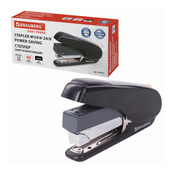 Степлер №24/6-24/8, 40л, пластик, черный "Easy Press" 228742 Brauberg