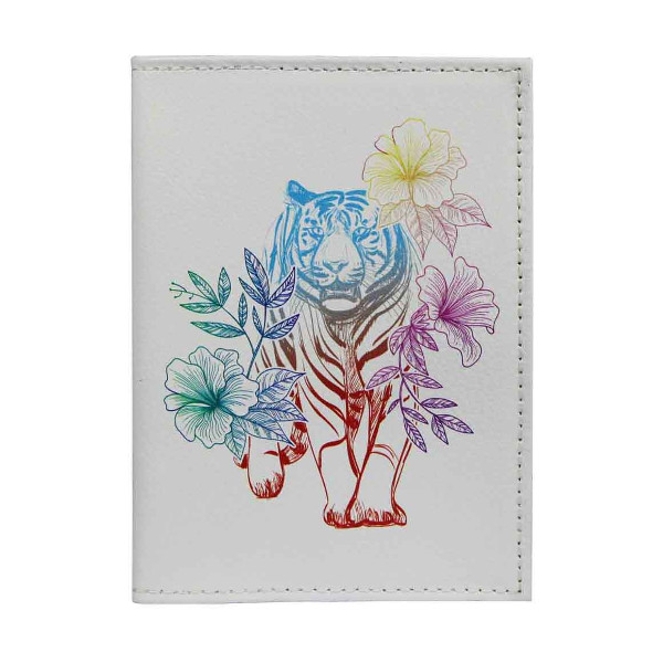 Обложка для паспорта натур. кожа, цветной рисунок "Радужный тигр" 1,2-082-0