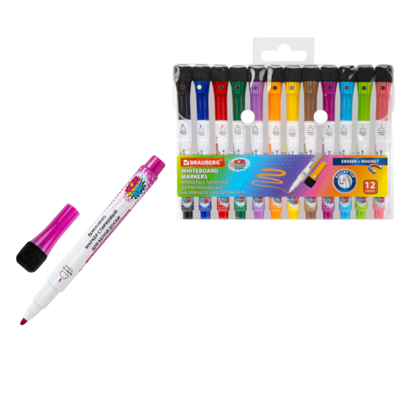 Набор маркеров для доски 1-2мм, пулевид., черный 3шт, спирт.осн. "Pop-Art" 152570 Brauberg