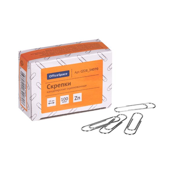 Скрепки 28мм OfficeSpace овальные, оцинкованные, в карт.уп (100шт) CZ28_34070
