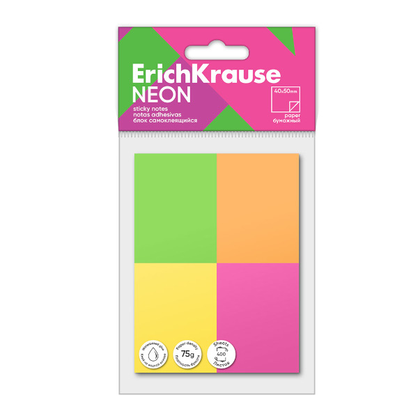Набор липких блоков Erich Krause "Neon" 40*50мм (4 блока по 100л) ассорти 61712