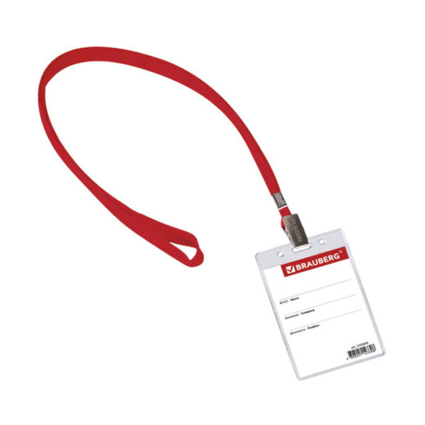 Бейдж 65*107мм вертикал., зажим/шнурок красный, пластик, прозрач. 235699 Brauberg (1шт)