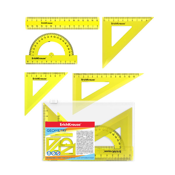 Геометрический набор 5предм.(линейка 15см, угольники 45° и 60°, транспортир) желт 49563 Erich Krause