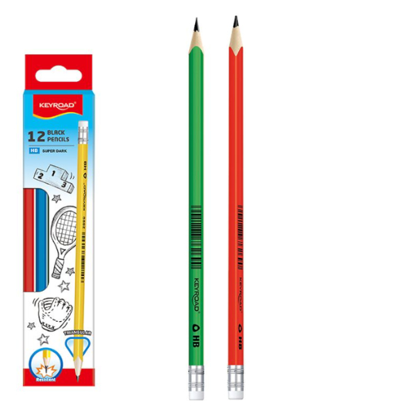 Карандаш ч/гр HB, дерево, 3-гран, ластик, ассорти KR972793 Keyroad