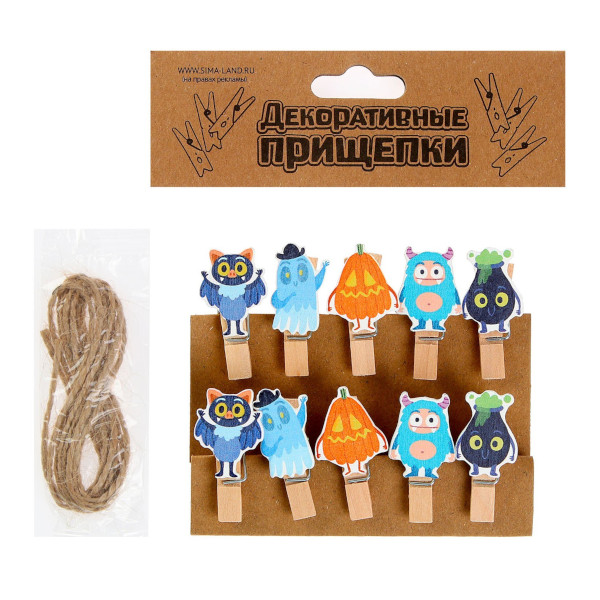 Декоративные прищепки "Для хэллоуина" 10шт., веревка 9653166