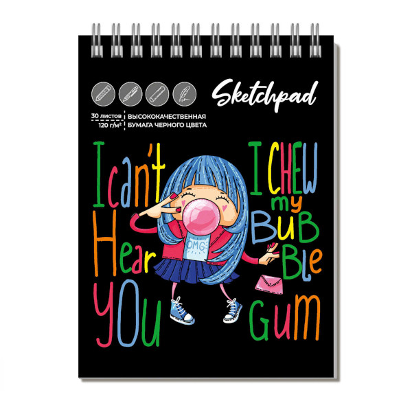 Скетчпад черные листы А7+ 30л, 120г/м2, гребень "Озорная девчонка" 62442 Феникс+