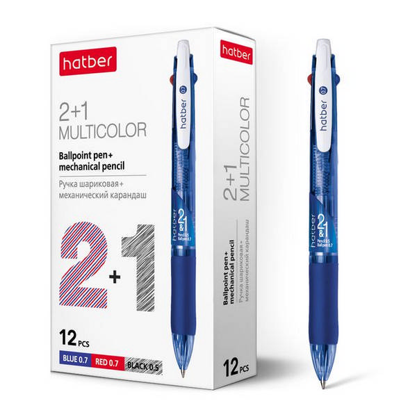 Ручка шар. автомат. масл. осн. 0,7мм, 2+1 (син,крас.+каранд), игольч., синий корп. BP_058658 Hatber