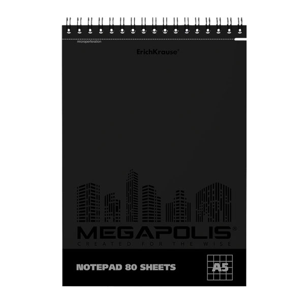 Блокнот А5 80л "Megapolis" клетка, гребень, мягк.обл., картон, черный 49812 Erich Krause