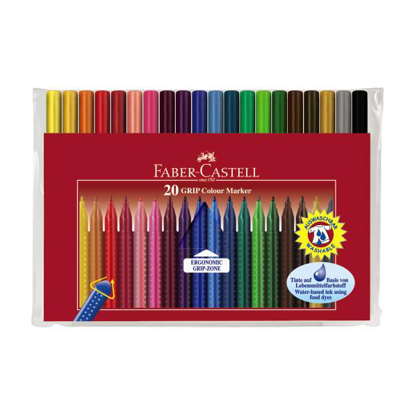 Фломастеры Faber-Castell "Grip" 20цв, трехгранные, смываемые, пластик.уп. 155320