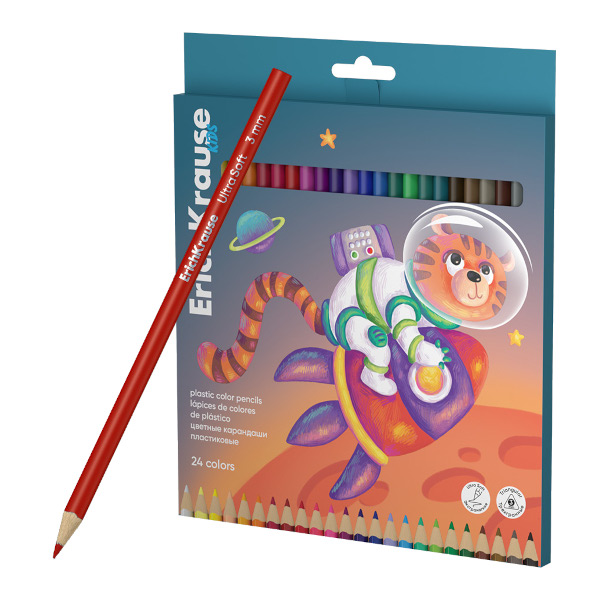 Карандаши 24цв, пластик, 3-гран. "Kids Space Animals. Тигр" карт.уп. 61784 Erich Krause