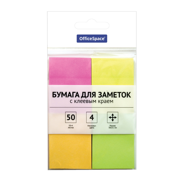 Липкий блок OfficeSpace 38*51мм 200л (4 неон. цв. по 50л) 286505