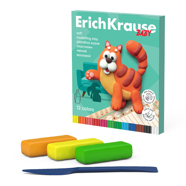 Пластилин Erich Krause "Для малышей" 12цв, 156г, восковой, со стеком 61328