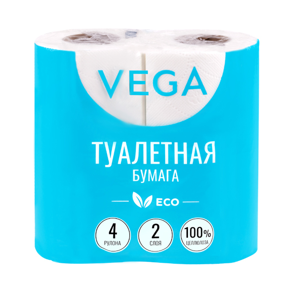 Бумага туалетная 2-слойная Vega  9,1см*15м, втулке 4шт 315618