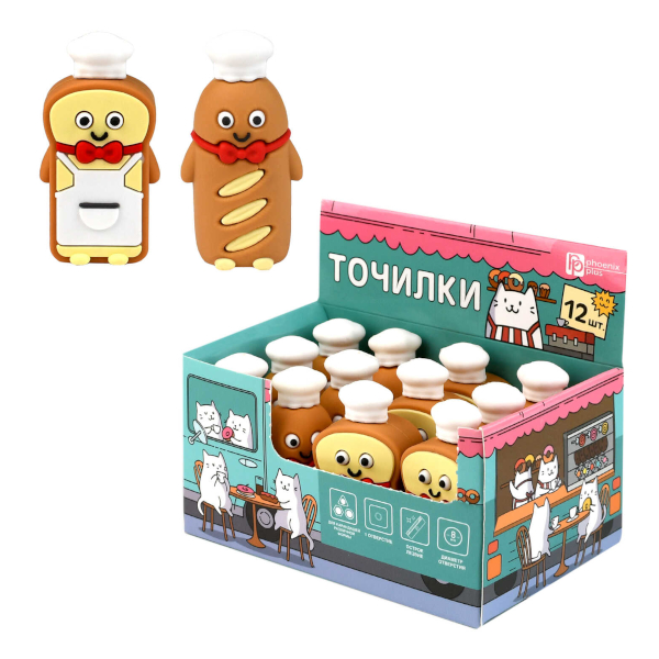 Точилка Феникс+ "Котокафе. Хлебушек" 1 отв., пластиковая, ассорти 72629