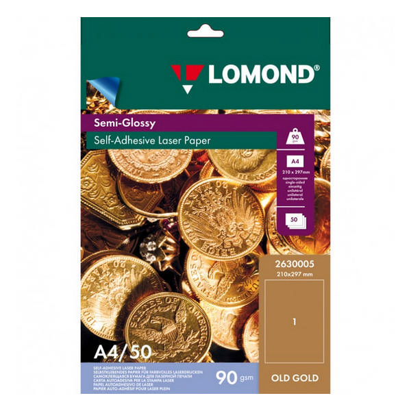 Бумага самоклеящаяся А4 Lomond  (неделенная) 90г/м2, старое золото полуглянц., для стр.пр. 2630005 50л