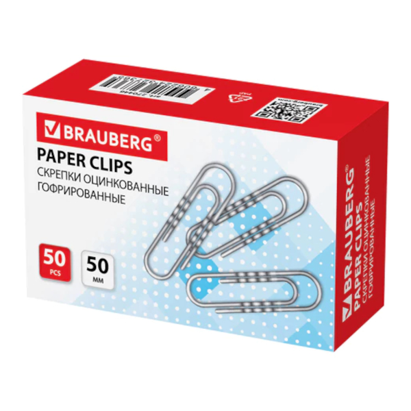 Скрепки 50мм Brauberg овальные, оцинкованные, в карт.уп. (50шт) 270446